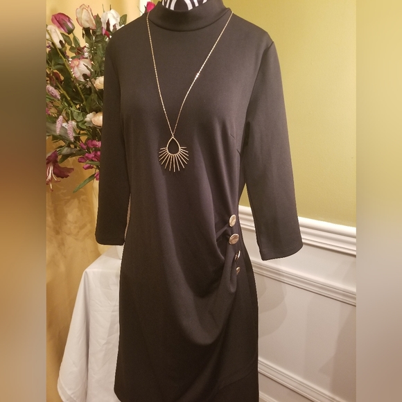 Allegra K Women's Mock Neck 3/4 Sleeve Bodycon Shirred Stretchy Sheath Dress - Picture 6 of 10